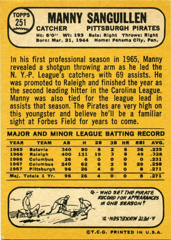  1969 Topps # 509 Manny Sanguillen Pittsburgh Pirates